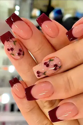 Dark Cherry French Acrylic Nails - Set of Styled Press-Ons