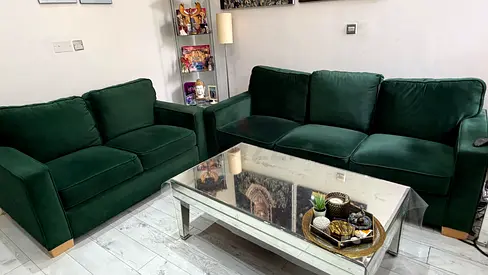 Green Velvet 3-seater Sofa and 2-seater Loveseat Set with Tables or without tables- Good Condition