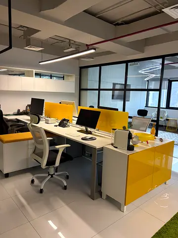 Modern white and yellow office workstation desks with storage (set) - good condition size 300x150x75