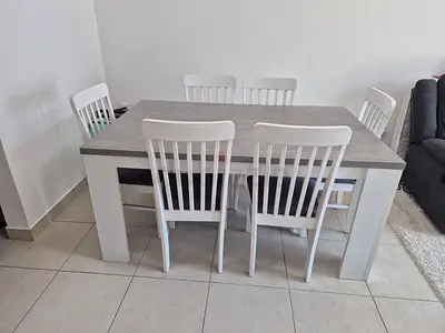 Modern 6-Seater Dining Set with White Chairs and Grey Table Top