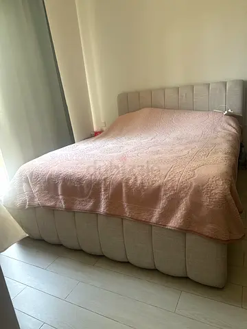 Upholstered double bed frame with headboard - light beige with dresser and side bed table