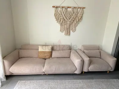 Light beige 3-seater sofa with matching armchair - good condition