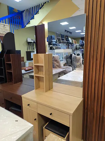 Light oak dressing table with mirror and stool