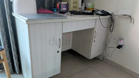 White wooden study desk with storage cabinets - good condition