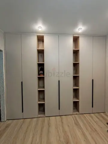 Custom built-in wardrobe with open shelving - beige finish