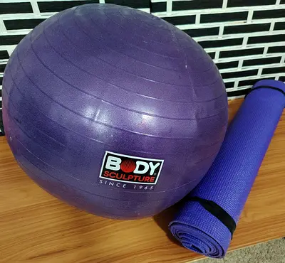 URGENT: MOVING OUT SALE - Purple Pilates Ball and Yoga/Exercise Mat with Free Stretching Rope