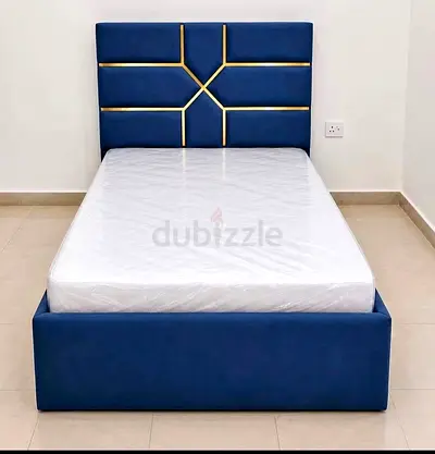 Double Bed Frame with Padded Blue Headboard and Storage Base