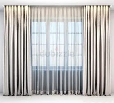 Full-length beige blackout curtains with sheer inner panels - set of 2