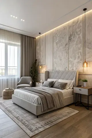 Modern Grey Upholstered Bed Frame with Headboard - Queen
