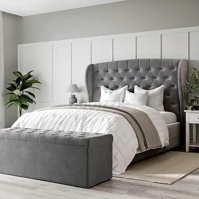 Modern Gray Tufted Bed Set with Matching Ottoman