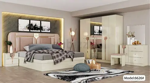Modern Cream Gloss Bedroom Set with Bed, Wardrobe, Dresser  Nightstands