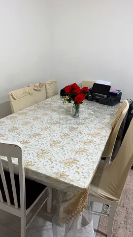 Dining table set with 8 chairs, covers and tablecloth — good condition