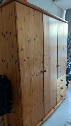 Solid Pine 3-Door Wardrobe with Drawers — Good Condition