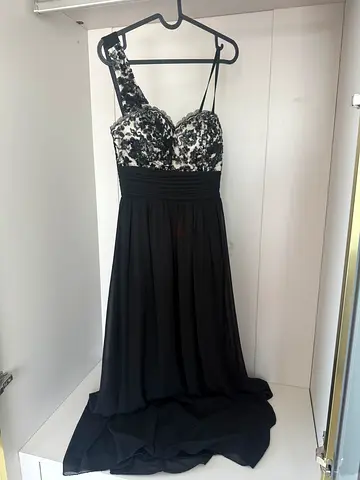 Black evening dress with embroidered bodice, size approx S-M