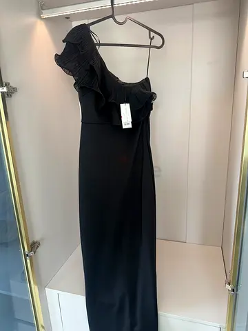 Black one-shoulder ruffle evening dress, new with tags