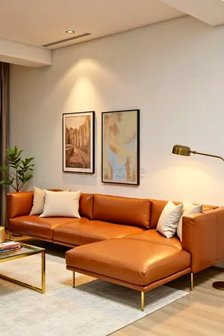 Brown leather L-shaped sofa with chaise - modern design