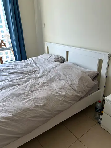 White single bed frame with headboard + mattress - good condition