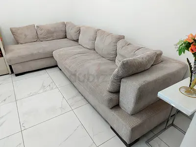 L-shaped light grey corduroy fabric sofa - comfortable 4-seater