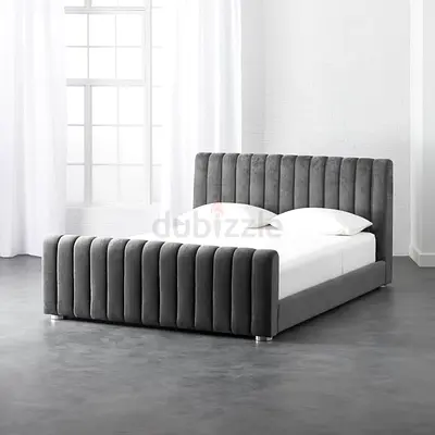 Grey Velvet Channel Tufted Double Bed with Headboard Footboard