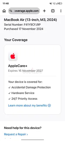 Macbook air m3 with apple care plus