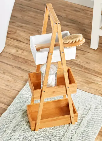 Wooden 3-Tier Leaning Ladder Shelf with Storage Boxes