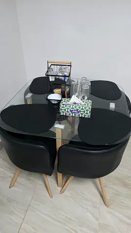 Glass Top Dining Table with 4 Black Chairs
