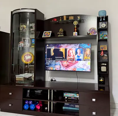 Dark Wood Entertainment Center with Glass Display Cabinet