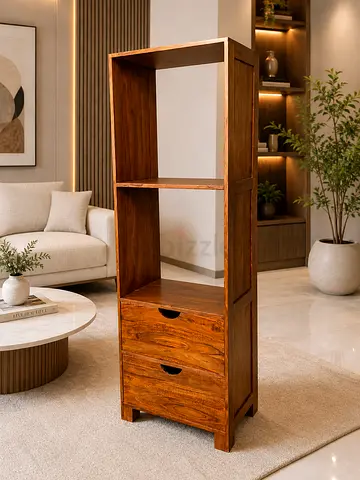 Solid Wood Tall Storage Shelf with 2 Drawers