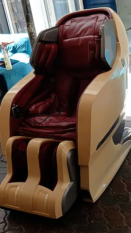 Full-Body Electric Massage Chair in Beige with Burgundy Leather