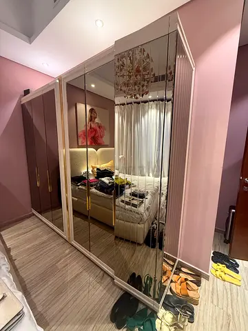 Large mirrored sliding wardrobe with gold trim - great condition