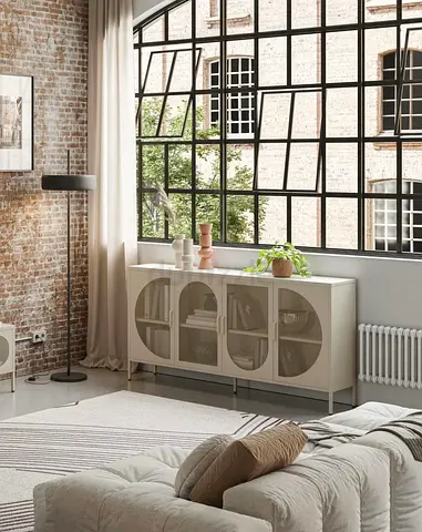 Modern low sideboard / TV cabinet with glass doors - cream