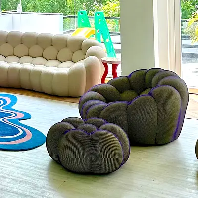 x2 ROCHE BOBOIS Bubble swivel pivoting armchairs in Techno 3D fabric W92 H68 D91 cm (no footrest)