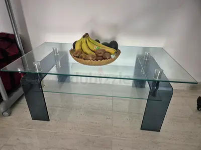 Glass Coffee Table with Lower Shelf and Dark Legs