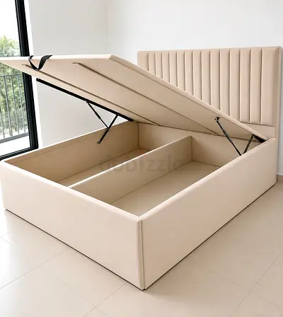 New Beige Upholstered Storage Bed with Hydraulic Lift - Queen