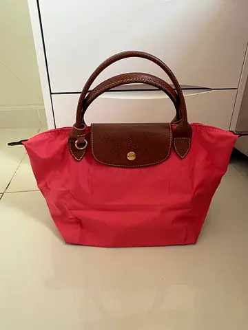 Pink Longchamp-style Nylon Tote with Brown Leather Handles