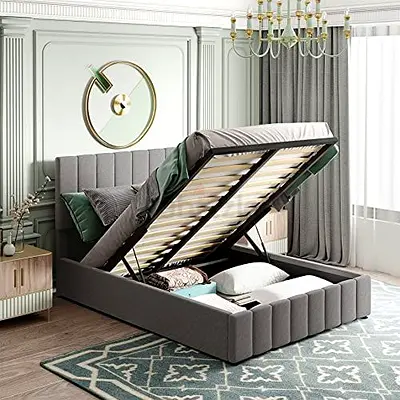 Grey Upholstered Storage Bed with Hydraulic Lift - Queen Size