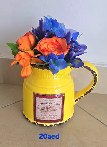 Decorative Yellow Ceramic Pitcher Vase with Artificial Flowers