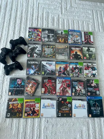 27 games PS3  PS4 (some of them are new not used) + 4 controllers 100 dirhams extra charge