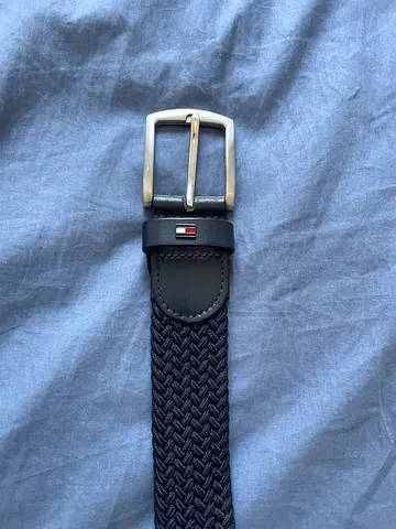 Tommy Hilfiger Navy Braided Elastic Leather-Trim Belt - Size M/L