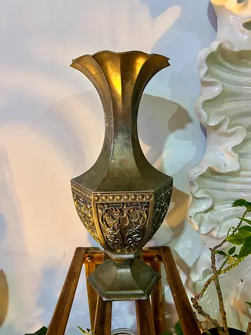 90s Vintage Brass Decorative Vase with Floral Engraving