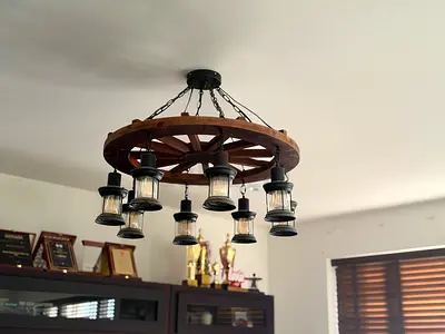 Rustic Wagon Wheel Chandelier with 8 Lanterns - Wooden Ceiling Light