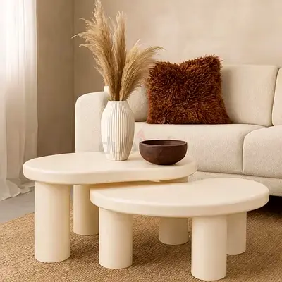 Set of 2 Minimalist Round Cream Coffee Tables