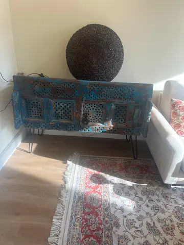 Vintage Carved Blue Wooden Sideboard / Console Table