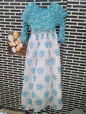 MOVING OUT SALE: Light Blue Floral Long Dress with Sheer Skirt