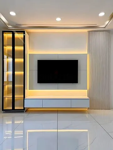 Modern wall-mounted TV entertainment unit with LED display cabinet