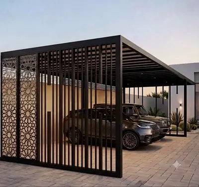 Modern metal carport pergola - double bay with decorative panels