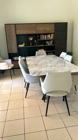 Marble-top Dining Table with 6 Upholstered Chairs and Wall Unit - Good Condition