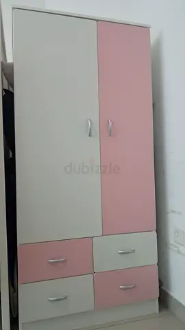 White and pink 2-door wardrobe with drawers — good condition