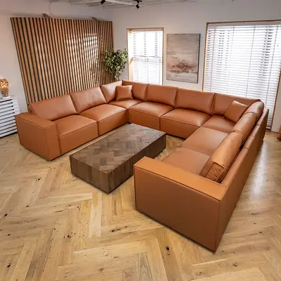 Large L-shaped Tan Leather Corner Sofa — Modern Modular Sectional