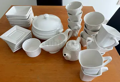 White Porcelain Dinnerware and Serving Set - Plates, Bowls, Cups, Sauceboat